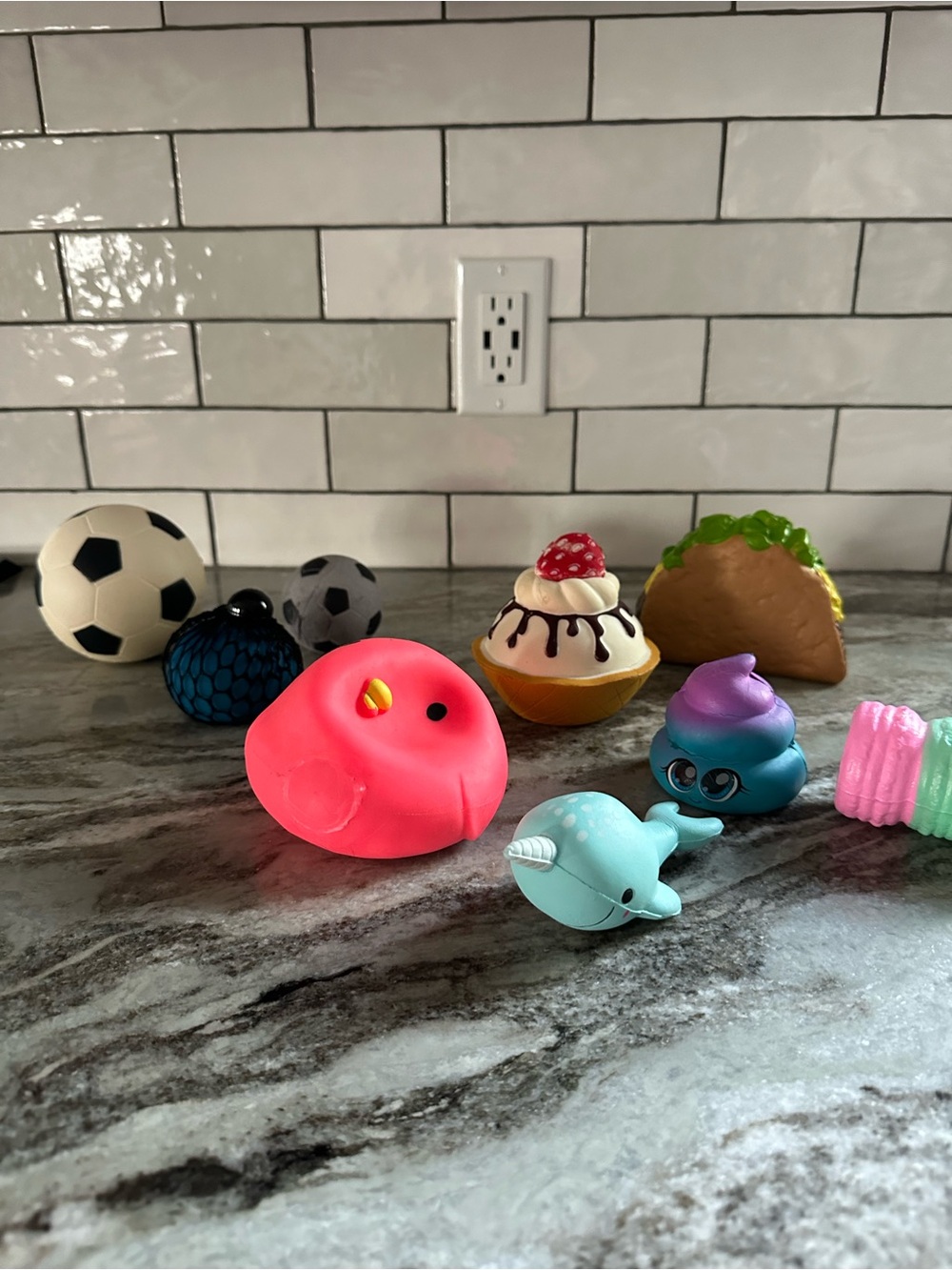 Kids Squishy Toy Bundle - Neon Pink Bird, Teal Narwhal & Blue-Purple Cupcake